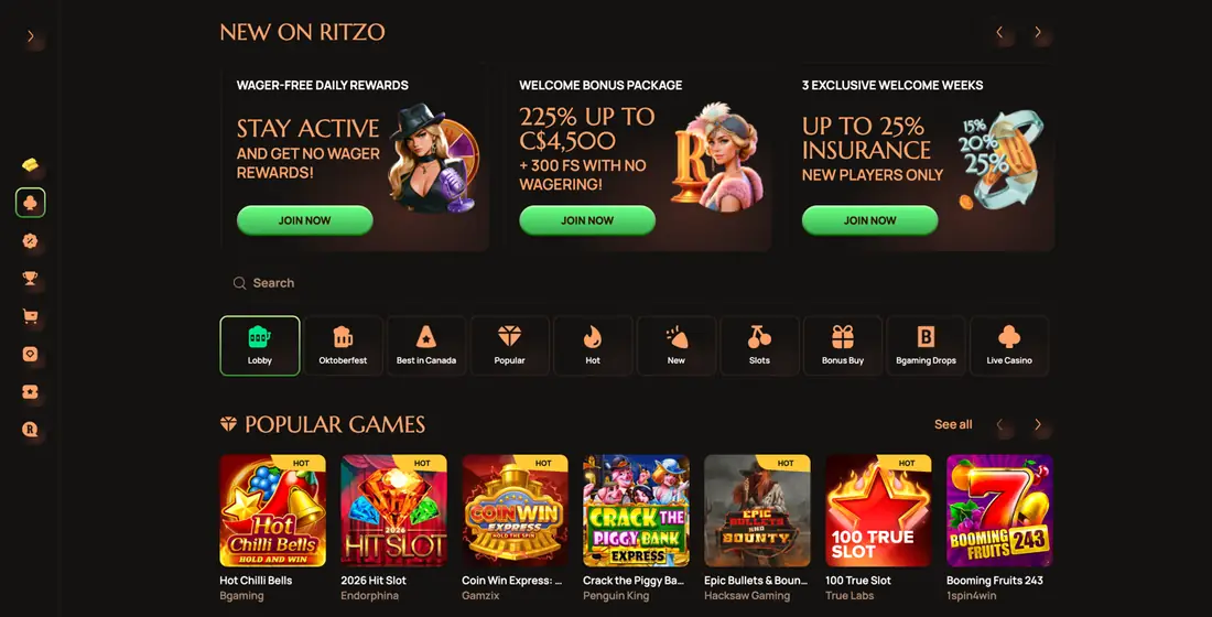 Ritzo casino lobby showing the wager-free free spins offer