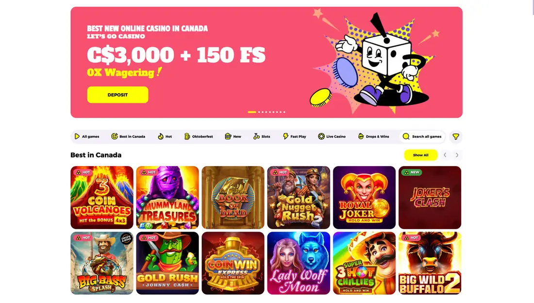 Let&rsquo;s Go Casino home page showing the welcome offer and desktop apps